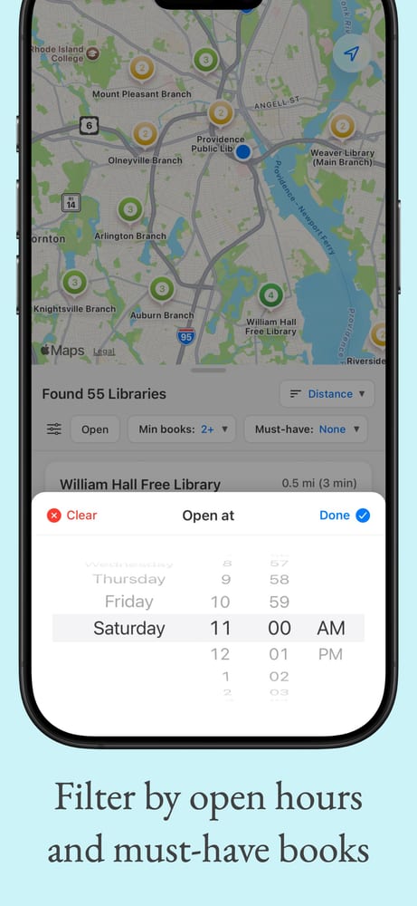 Filter by open hours and must-have books
